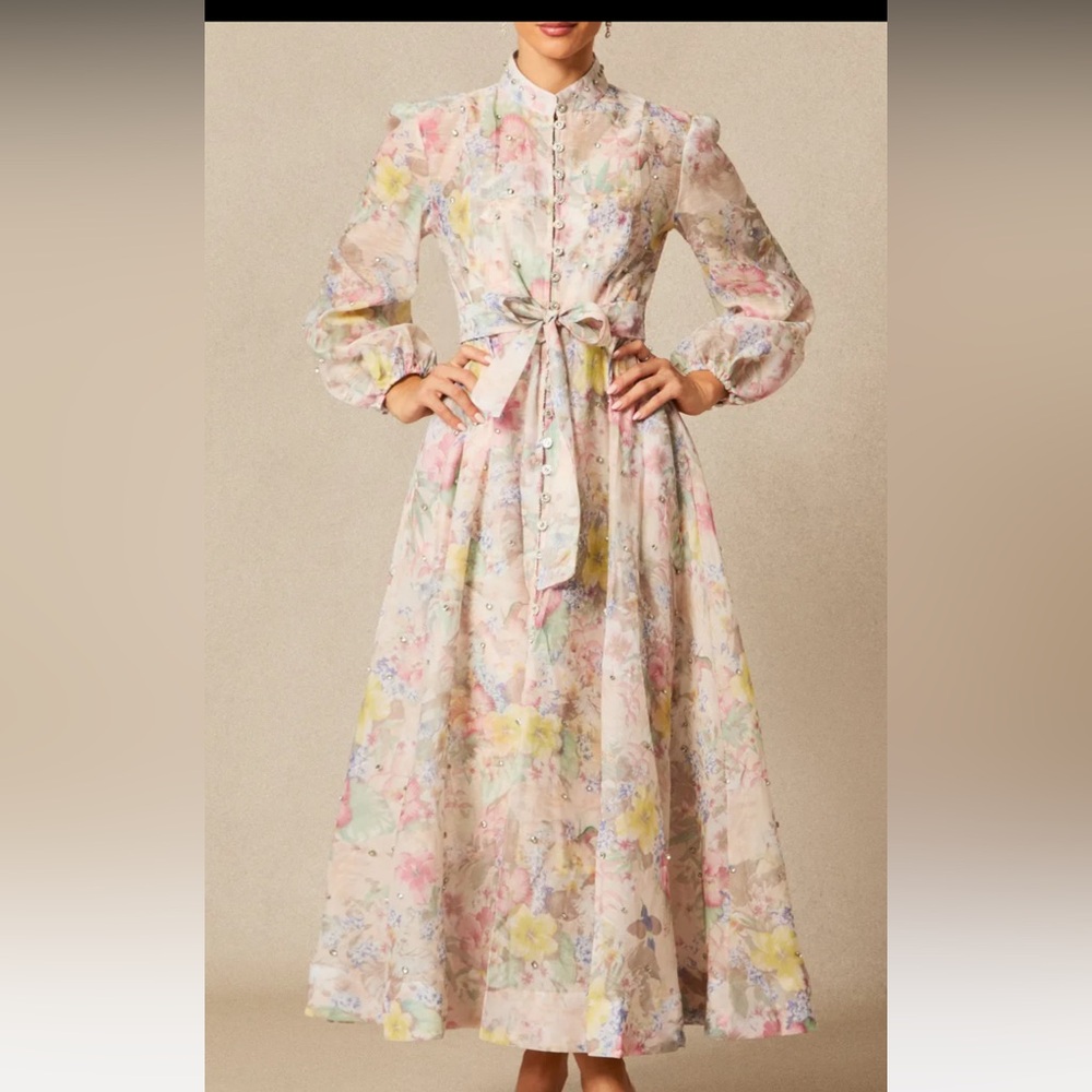 Floral Print Balloon Sleeve Maxi Dress larger new
